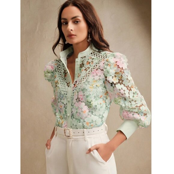MDM Lux Tops - Mint Green Floral Lace Blouse | Elegant Sheer Long Sleeve Button-Up Top